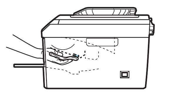 line drawing of a printer from the side, illustrating someone holding a cloth and putting their hand inside the printer, palm up, in order to wipe a component in there