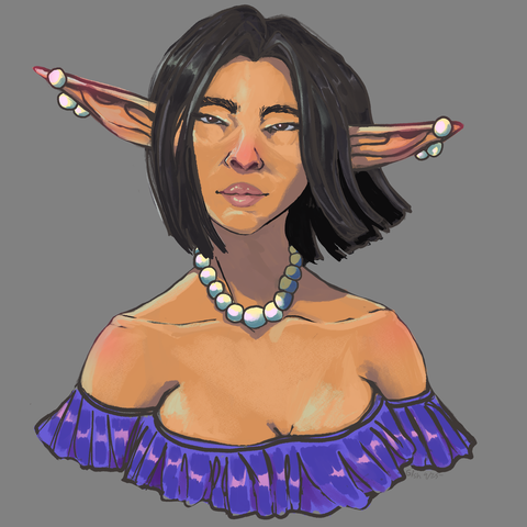 A digital painting of an elf woman with pearl jewelry. She has straight black hair and a ruffled top.