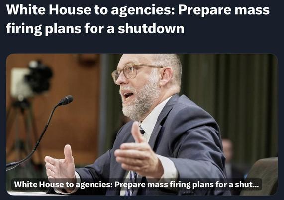 Russ Vought speaks passionately during a meeting, gesturing with his hands. The text overlay states, "White House to agencies: Prepare mass firing plans for a shutdown."