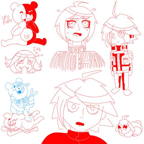 A collection of Danganronpa doodles featuring Monokuma, Monotaro, Monokid, Shuichi Saihara, Kokichi Ouma and Kiibo.