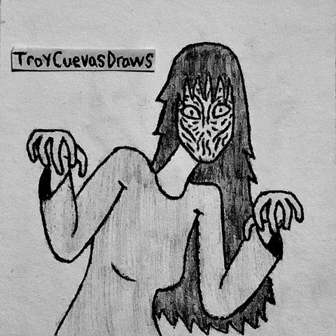 A woman with wrinkles covering her mouthless face and she hangs her hands in a ghoulish way