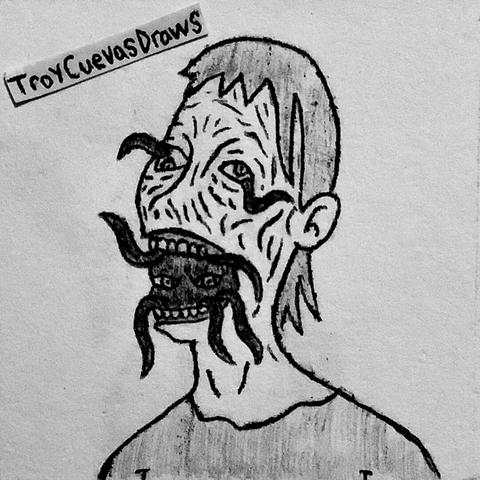 A man trapped with tentacles coming out of his eyelids and sinister eyes appears from the man’s mouth
