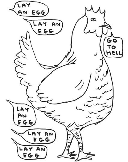 Cartoon chicken angrily refusing constant demands to “lay an egg,” playing on the classic chicken-and-egg problem but making it about exhaustion and annoyance instead of philosophy.