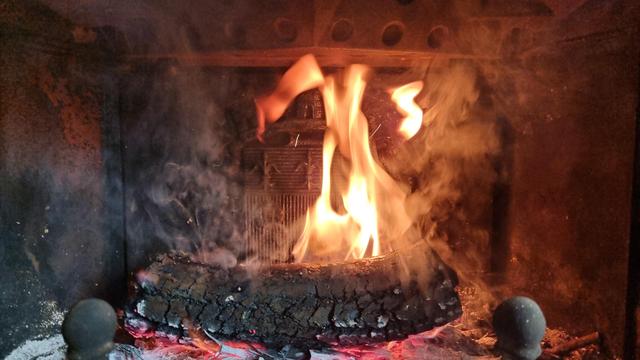 Un feu dans une cheminée, on voit une bûche calcinée