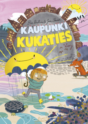 Kaupunki Kukaties -kirjan kannessa on piirros lapsesta kulkemalla märällä kadulla. Lapsella on kirkkaankeltainen sateenvarjo, jonka alla sataa vettä. Taustalla kettu ajaa skeittilaudalla ohi ja edessä viemärinkannen alta kurkistaa joku.