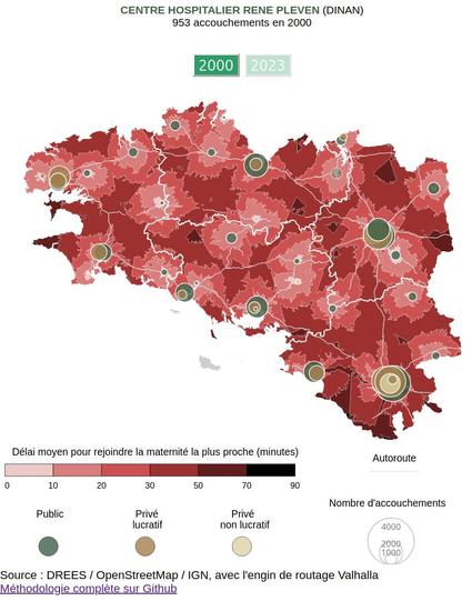 Une carte isochrone (temps de trajets en voiture) de la Bretagne et Loire-Atlantique, centrée sur les maternités en activité en 2000 et 2023. Elle a été réalisée pour l'ONG d'enquête Splann!