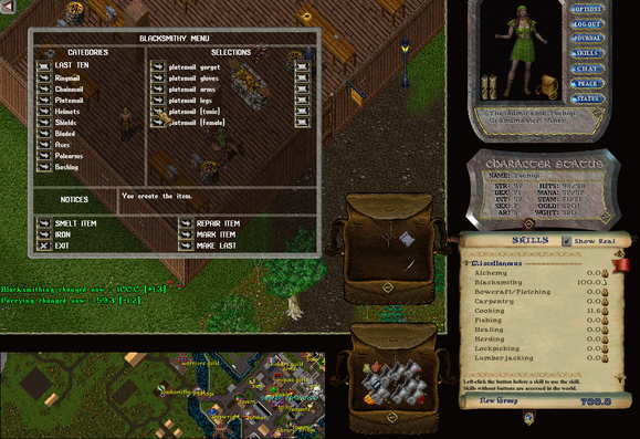 Screenshot aus dem #OnlineGame #UltimaOnline: EIn Charakter hat seinen Blacksmithy Skill auf 100 Skillpunkte gebracht - ein Meilenstein!