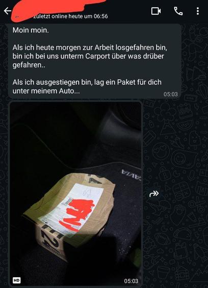 Whatsapp Screenshot mit Info vom Nachbar: Paket lag unterm Auto und wurde überfahren