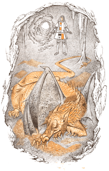 The old dragon of J. R. R. Tolkien's "The Hoard" dreams of his gold. An illustration by Pauline Baynes.