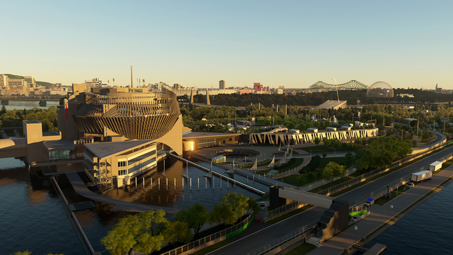 An in-game image of the Montreal skyline in the announcement of Circuit Gilles-Villeneuve in Gran Turismo 7.