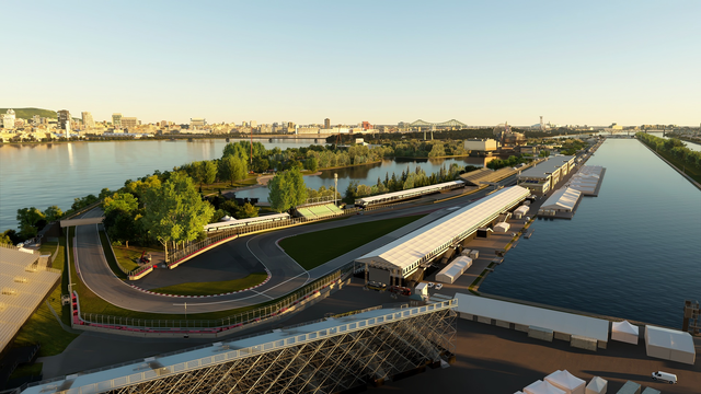 A second image looking at the front straight and first esses at Circuit Gilles-Villeneuve in GT7.