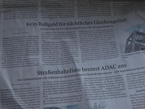 A close-up of a newspaper page featuring two articles. The first article discusses a court ruling in Bremen regarding permission for nighttime church bell ringing, stating no fines will be imposed on a pastor. The second article addresses construction issues related to a streetcar line