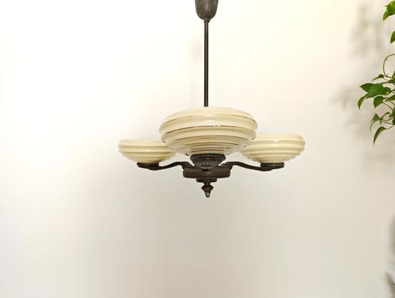 Art deco chandelier, brass holder ivory opal glass shades, 1940