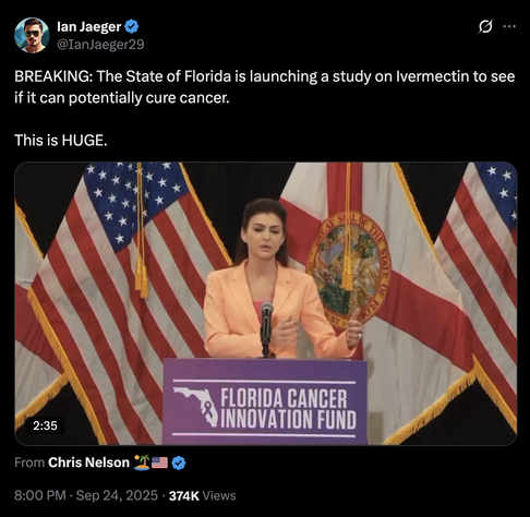 @IanJaeger29
BREAKING: The State of Florida is launching a study on Ivermectin to see if it can potentially cure cancer.

This is HUGE.