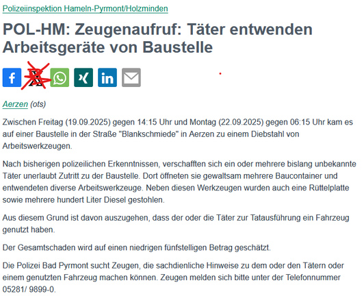 Bildschimfoto Polizeimeldung - der Verweis auf das Netzwerk von Elon Musk wurde überkritzelt.