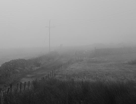 Foggy rural landscape in black and white featuring a road bordered by a low stone wall on the left and wooden fence posts on the right. A single utility pole stands beside the path. The background is obscured by dense fog, creating a muted, indistinct horizon.