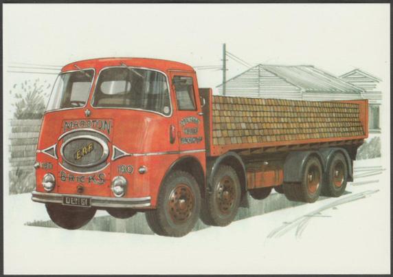 Printed colour postcard showing an illustration of an ERF KV belonging to the Marston Valley Brick Co Ltd of Ridgmont near Bedford.

Published by Golden Era, No GP 082.

Postally unused.

Excellent condition, with minimal corner bumps.