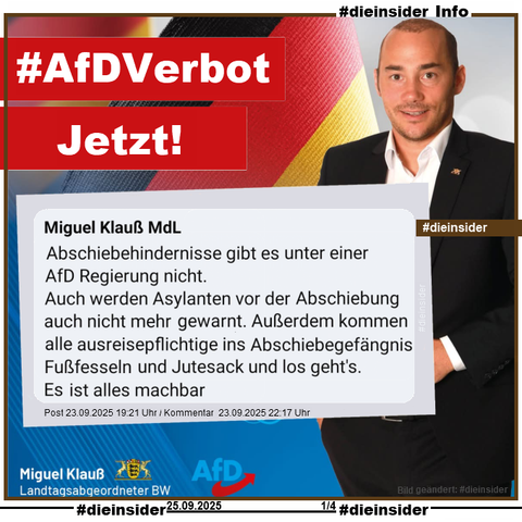 Am 23.09.2025 kommentiert er unter einem Post von sich:

"Abschiebehindernisse gibt es unter einer AfD Regierung nicht. Auch werden Asylanten vor der Abschiebung auch nicht mehr gewarnt. Außerdem kommen alle ausreisepflichtige ins Abschiebegefängnis Fußfesseln und Jutesack und los geht's. Es ist alles machbar."

Dazu schreiben wir "AfD Verbot Jetzt"