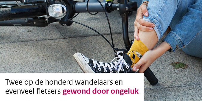Persoon is van fiets gevallen. Tekst op afbeelding: 'twee op de honderd wandelaars en evenveel fietsers gewond door ongeluk’