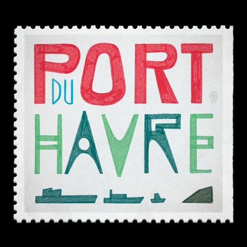 A stamp design featuring the words "Port du Havre" in letters of different colours inspired by port signs and architecture, on the bottom of the stamp a line of various boats sailing towards the land can be seen, digital illustration.