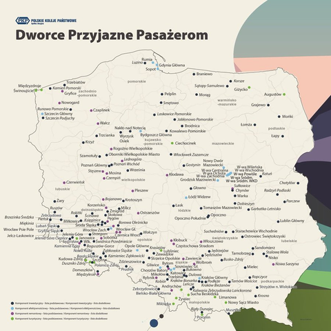 Mapa Polski z zaznaczonymi punktami, Dworce Przyjazne Pasażerom