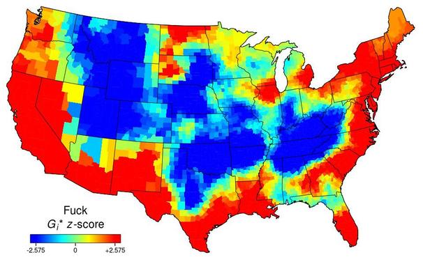 Heat map of the USA for the word "fuck". It's deep red all along the east and west coasts and the southern border states. Deep blue inland, and mixed (yellow, light blue) along the border with Canada.