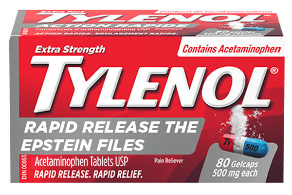 A photo of a box of tylenol rapid release but with the name "rapid release" changed to  "rapid release the epstein files"