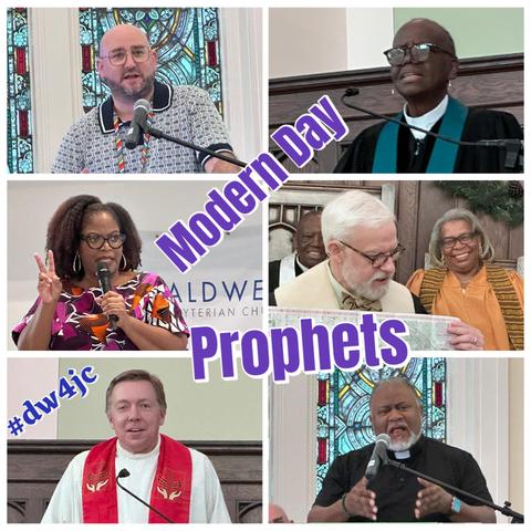 A collage of six speakers at Caldwell Presbyterian Church and Collective Liberation Church, shown at podiums and microphones, with stained glass windows and church settings in the background. Each person is speaking or gesturing passionately, symbolizing voices of faith and justice. Purple diagonal text across the collage reads “Modern Day Prophets,” and a hashtag in the bottom left corner says “#dw4jc.”