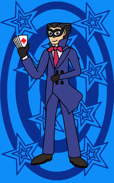 MS Paint drawing of Ace Attorney's Phoenix Wright as a Phantom Thief, wearing a variant of his usual blue suit, with inspiration from the Evil Wright concept art, with a bigger pink bow/tie combo, flared jacket bottom, a semi-mustache shaped mask. In his right hand, he is holding a semi-spread deck of cards. 
Background is two tones of blue, with dark rings and two colored stars scattered about.