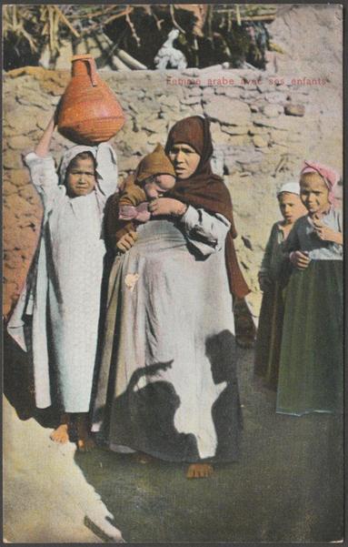 Printed colour postcard showing a view of an Arab woman with her children in Cairo, Egypt.

Published by Dr Trenkler & Co, Leipzig, No Cai 41 (54445), c.1905-10.

Postally unused.

Good condition, with very slight corner bumps and light album marks, but small area of surface loss to left centre.
