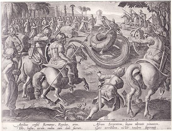 Soldiers on horseback attack a huge serpent with lances and bows and arrows.