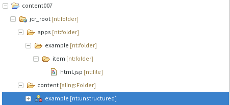 Screenshot of the Sling IDE Tooling for Eclipse content navigator, showing a project named content007 and a custom decoration for the jcr_root and nested entries.