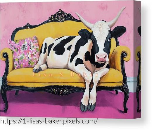 Living Her Best Life / Cow Art by Lisa S Baker. A cow lounges on an ornate yellow sofa, surrounded by a pink room. Its black and white spots contrast vividly with the vibrant colors around it.