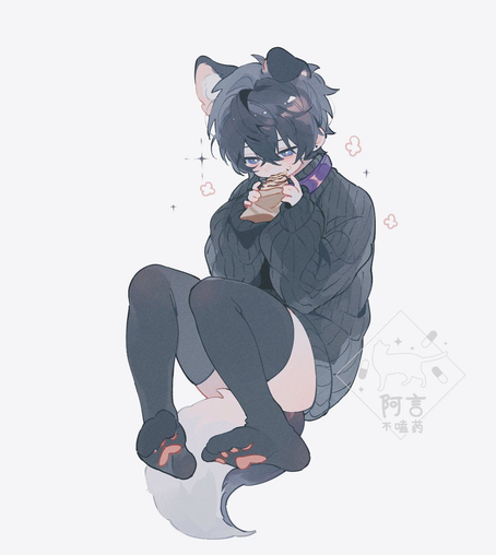 Cute anime boy with smol animal ears and fluffy soft tail float mid air biting something sweet looking. He wears black sweater and black thigh-high socks with pink paw pads