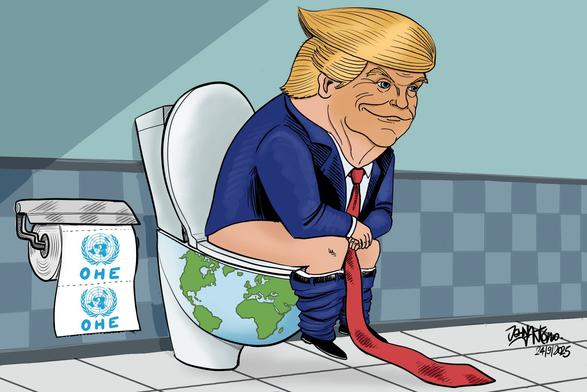The image depicts a cartoon of president Trump sitting on a toilet, with the Earth visible on the toilet seat. He is wearing a blue suit and a very long red tie that is touching the bathroom floor , and his pants are pulled down to his ankles. He has a smug expression on his face. To the left of the toilet, there is a roll of toilet paper with the United Nations logo and the Greek letters "OHE" (Οργανισμός Ηνωμένων Εθνών) printed on it. The background features a blue-tiled wall and a white tiled floor. The image is signed "John Antono" and dated "24/9/2025" in the bottom right corner.