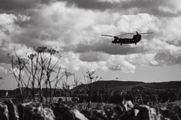 A helicopter flies through a cloudy sky over a landscape with rolling hills in the background. In the foreground there are tall stems of hemlock and a stone wall. The image is in black and white, creating a contrast between the dark silhouette of the helicopter and the lighter sky.