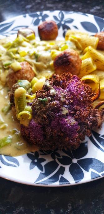 Mezze Manichi pasta, IKEA Huvudroll plant balls, Leek & yeast flake 'cheese' sauce, Air-fried purple cauliflower