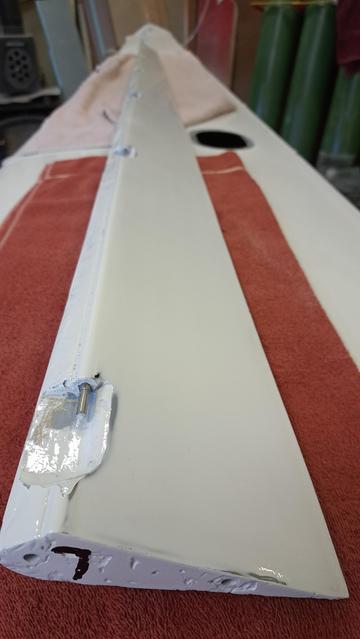 Looking down one of the flaperon halves. The camera is focused sharp on the first pintle, but you can see many more along the length of the flaperon.