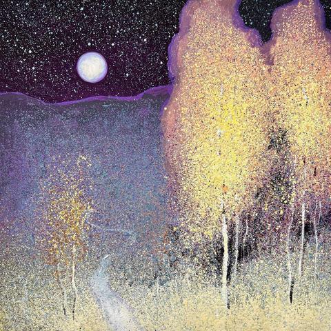 A nighttime scene of a small group of trees (birches?), to the right of a narrow path winding path on a gentle slope with two more much smaller trees to the left of it. Their yellow autumn foliage glows golden in the moon and starlight. The moon is full and the sky star-filled.