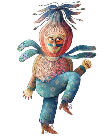 On a bright white background, dances a singular being with an impressive fashion sense. Surrounding a lionish face, sits a large headdress with striped leaf-like shapes and long, sinuous stalks which end in blooming eyes. She wears a colorful fish-scale shirt and starry, blue pants. A scarf at her neck, twirls with her movement. She also adorns herself with long pointy red nails. Become mesmerized by her twisting dance.
