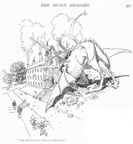 A huge winged monster is sticking its head inside a slowly collapsing building.