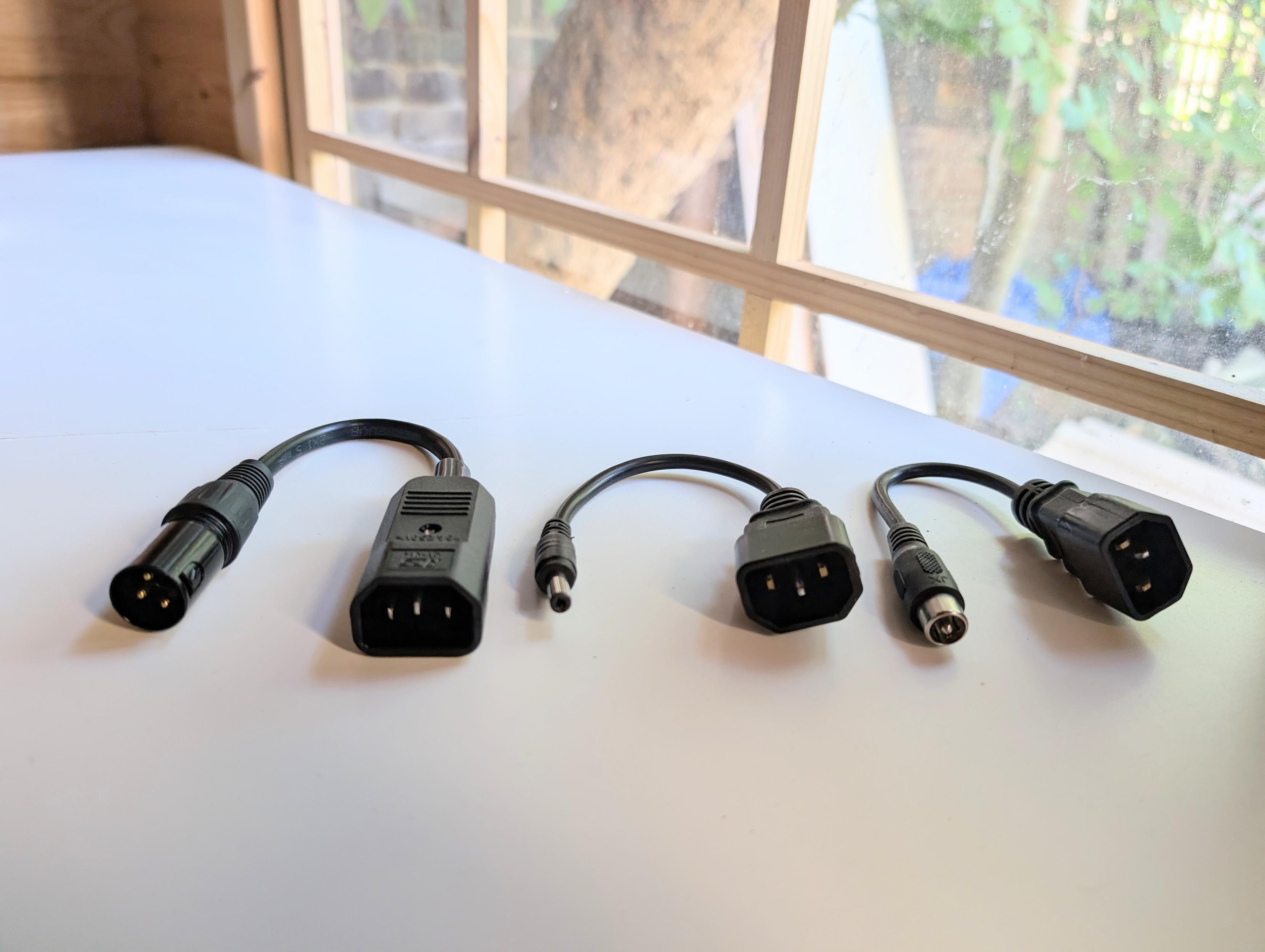 Three cables that shouldn't exist - XLR, barrel, and antenna jack to mains.