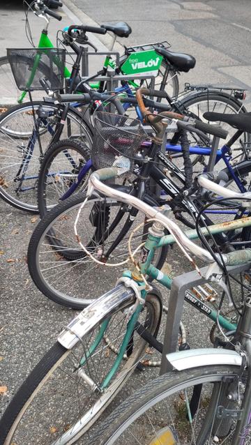 Vélos attachés sur des épingles d'un parking vélo. Beaucoup ne sont plus en état de rouler, crevés, rouillés voir à qui il manque des pièces