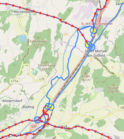 Screenshot of a map view showing directed route data and some hubs in the network. Some of the hubs are colored, indicating a start or end point.