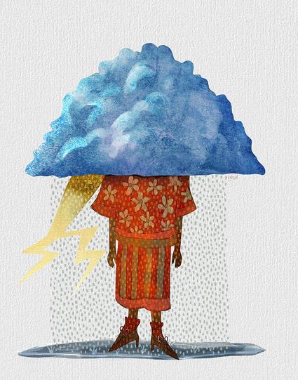 On a bright white background, stands a body with hands hanging. In place of a head, sits a dark bluish gray storm cloud. A bright yellow lightening bolt  shoots out, while cold gray rain puddles at her feet. She is miserable - just the way she likes it.