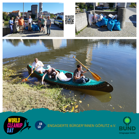 Die Collage zeigt Impressionen vom World Cleanup Day in Görlitz, organisiert von den Engagierten Bürgerinnen Görlitz e.V.* gemeinsam mit der BUND-Ortsgruppe Görlitz.

Im oberen linken Bild steht eine Gruppe engagierter Menschen mit vollen Müllsäcken auf der Altstadtbrücke. Man sieht im Hintergrund die historische Altstadt von Görlitz.

Rechts daneben ist ein Foto von den gesammelten Abfällen: blaue Müllsäcke, Kartons und weitere Fundstücke, ordentlich aufgestapelt an einer Brückenmauer.

Das große Bild unten zeigt drei Helfer in einem grünen Kanu, die direkt vom Wasser aus Müll und Pflanzenreste am Ufer der Neiße einsammeln.

Am unteren Rand der Collage befinden sich Logos: das World Cleanup Day Logo, das Logo der Engagierten Bürger*innen Görlitz e.V. sowie das Logo des BUND Ortsgruppe Görlitz.