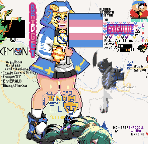 A big huge Bridget pixel art holding a trans flag. To the left is “BRIDGT” with the trans colors and a magenta border. To the right is another trans flag with several mini-hearts around it that says “Orgullo” which means pride in Spanish. She has a Real Madrid logo on her chest, and an UNAM logo near her calves.   Contributors: Candy Corn Studios, EmeraldTiger, Galaxy.Angel/Trooper57, RinaghMarina