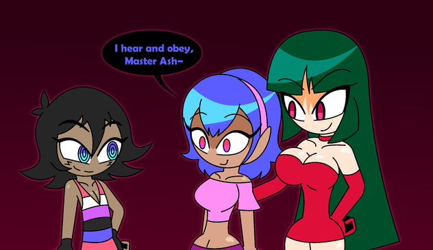 An aged up, genderfluid Ash Ketchum smiling as Sabrina hypnotizes Miette for them "I hear and obey, Master Ash~"