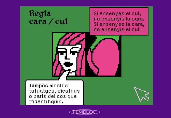 Imagen con gráfica que presenta una recomendación en catalán para practicar sexting seguro: Si enseñas el culo, no enseñes la cara. Si enseñas la cara, no enseñes el culo. Tampoco muestres tatuajes, cicatrices o partes del cuerpo que te identifiquen. Esto permiten aminorar los riesgos y poder practicar de forma más segura el sexting. Esta recomendación es parte del Kit Digital, una publicación trabajada junto a F5 Stop Violéncies de Donestech.