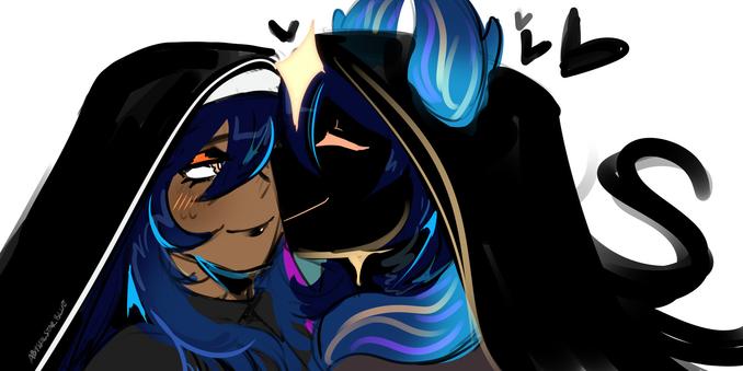 Digital art showing two women smooching. One is a human(?) nun with dark blue hair and yellow eyes. With tan skin and black eyeshadow and lipstick. Looking adored at another woman who is smooching her is abyssal silja. Eldritch-like entity with void-like face with eyes and mouth that match with the yellow star color. Abyssal silja also wearing black veil much like human silja so now it's look like two nun smooching.